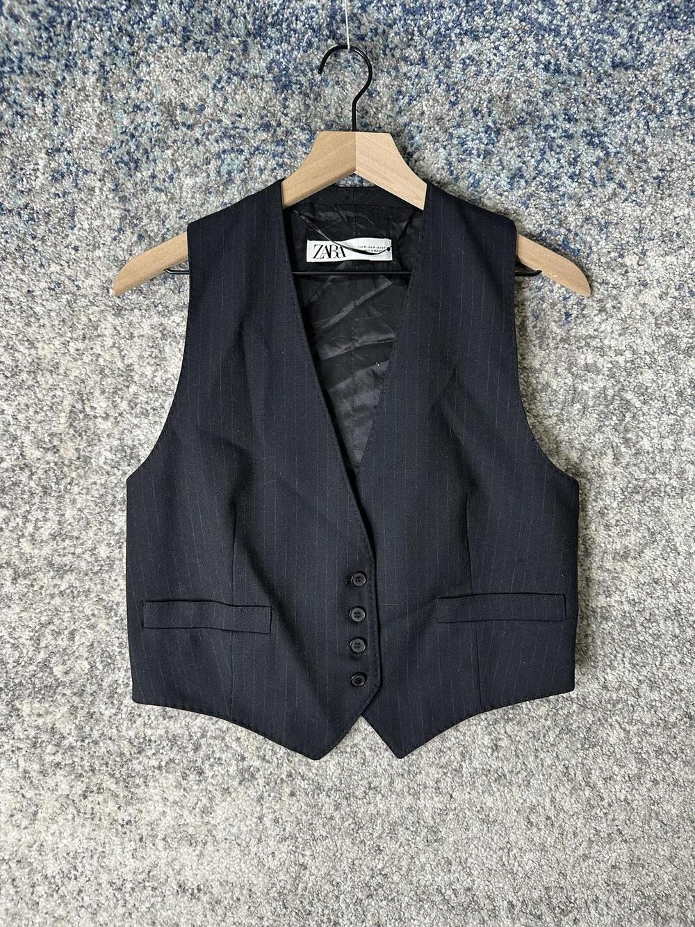 Zara Suit Vest Mens Medium Black Pinstripe Slim 3 Piece Formal Wedding Business
